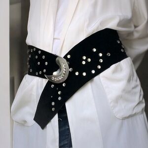 Susan Hyman Vintage Black Suede Belt Wide Studded Half Moon Buckle 80s Statement